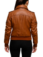 Womens Brown Leather Bomber Jacket With Pockets